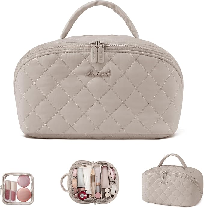 LOVEVOOK Travel Makeup Bag for Women, 2Pcs Puffer Waterproof Cosmetic Organizer, Large Capacity Pouch Open Flat Small Toiletry Bag with Brush Compartment & Handle (Light khaki, Medium) by LOVEVOOK