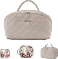 LOVEVOOK Travel Makeup Bag for Women, 2Pcs Puffer Waterproof Cosmetic Organizer, Large Capacity Pouch Open Flat Small Toiletry Bag with Brush Compartment & Handle (Light khaki, Medium) by LOVEVOOK