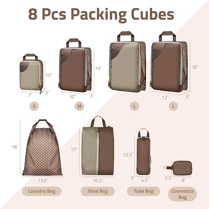 Oriday Set of 8 compression packing cubes for travel accessories- Expandable bags for clothing, toiletry, backpacks, organizing essentials (Beige) - Image 3
