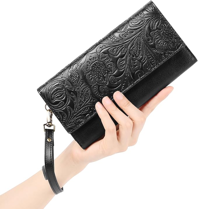 GOIACII Wristlet Wallets for Women RFID Blocking Western Clutch Black | Embossed Leather, Vintage Design, Trifold, Large Billfolds, Ladies Purses with Zipper Coin Pocket - Image 4