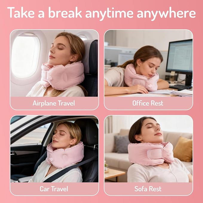 Inflatable Travel Neck Pillow, U-Shape, Dark Gray Nylon, Portable for Airplane, Train, Car, Office Use, Adult Size (Pink) - Image 6