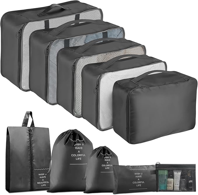 Packing Cubes for Travel- 8 Set Luggage Organizer Bags for Family, Mesh Breathable Travel Packing Cubes for Suitcases Durable Travel Essentials Bags Set (Black, 10 Set) by YEEYAA