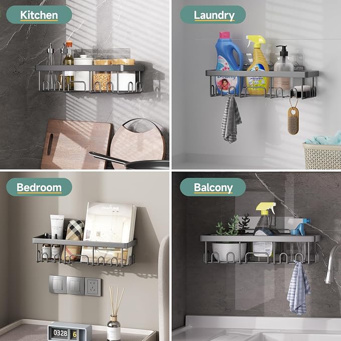 Veken 6-Pack Rustproof & Waterproof Shower Caddy, Adhesive Shelves Rack, Large Capacity Bathroom, College Dorm & Apartment Organizers, No-Drill Wall Mount Living Room & Bedroom Decor, Light Grey - Image 6