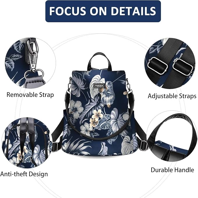 Waterproof Backpack Purse for Women Anti Theft Fashion Daypack Nylon Travel Bag Crossbody Shoulder Bag - Hawaii Flower 13"x5.9"x13.9" | Hidden Back Zipper Opening, Compact Travel Size,Summer Purse, Daypack for College Work, Hawaii Flower Back pack - Image 3
