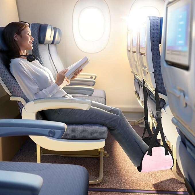Airplane Foot Rest (Travel Comfortably), Pink Nylon Foot Hammock with Adjustable Metal Frame, Perfect for Airplane, Train, or Office Use - Image 6