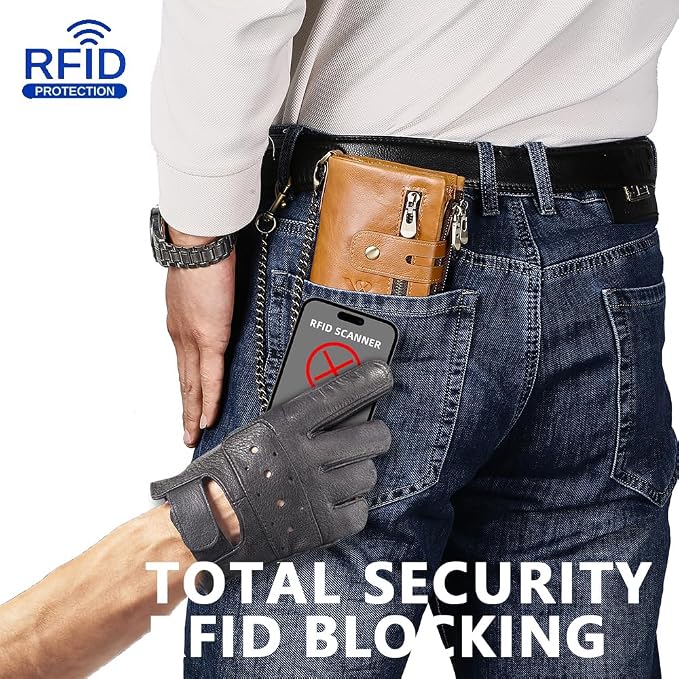 Anti-Theft Mens Wallet with Chain Genuine Leather ID Window Purse with RFID Blocking Bifold Double Zipper Coin Pocket with Gift Box - Image 2