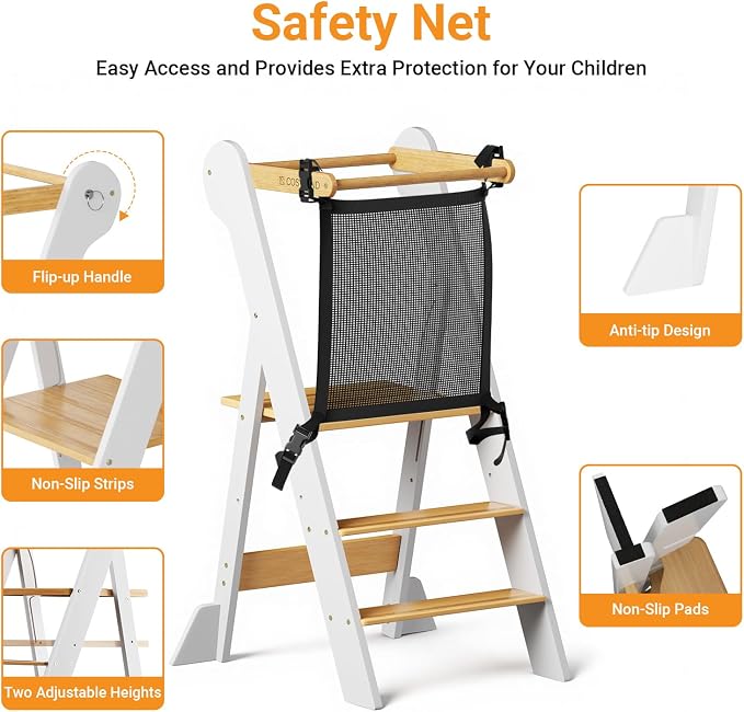 COSYLAND Foldable Toddler Kitchen Stool Helper - Height Adjustable Standing Tower for Bathroom Sink or Kitchen Counter - Step Stool for Toddlers Ages 18 Months to 6 Years White & Natural - Image 3