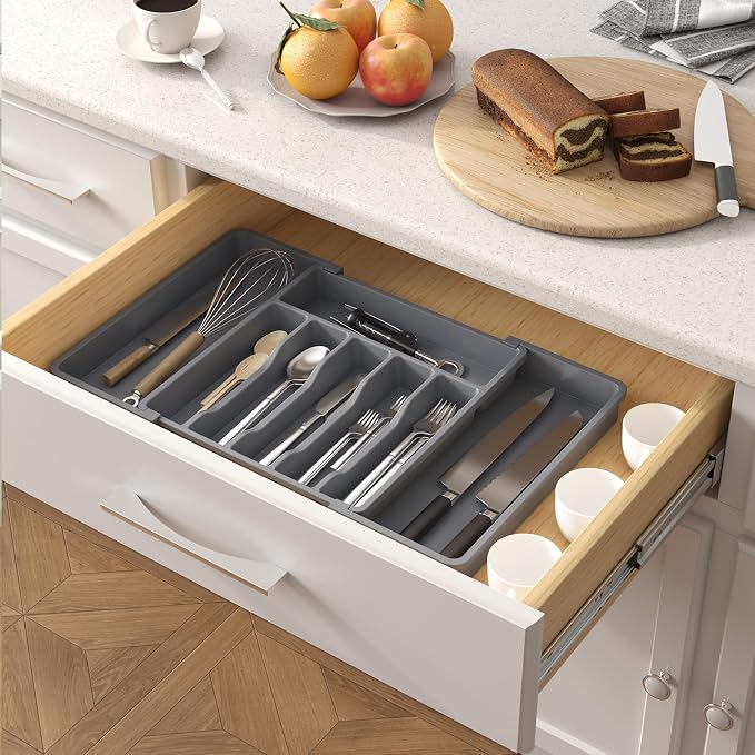 Lifewit Extra Large Silverware Drawer Organizer, Expandable Utensil Tray | BPA Free Flatware Cutlery Holder for Kitchen, Adjustable Plastic Storage for Spoons Forks Knives, 13-22 x15, Dark Gray - Image 9