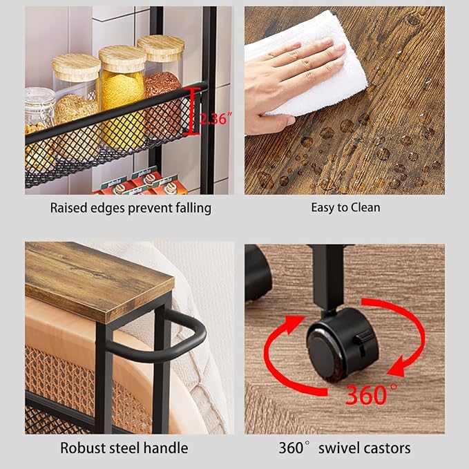 Slim Rolling Cart 5 Tier Narrow Storage Cart on Wheels with Handle | Lockable Wheels, Wood Top Panel, Metal Frame Utility Carts for Kitchen, Dining, Living, Home Office, Laundry Room - Image 6