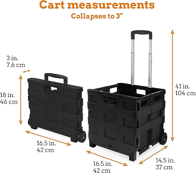 Inspired Living Collapsible Ultra-Slim Pack-N-Roll, 2 Wheel Utility Cart , With Telescopic Handle - Super Strong up to 80 Lbs Load Capacity, Black - Image 2