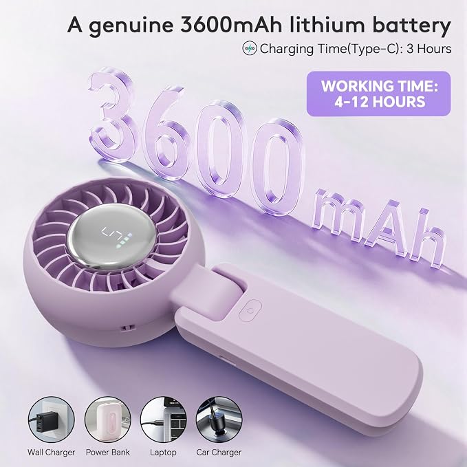 ZOZOO Portable Fan, USB Rechargeable 194°Folding Handheld Fan,5 Speed&LED Display &High Power Motor Table Fan, 3 IN 1 Quiet Strong personal Neck fans for Travel,Camping,Beach (Purple) - Image 3