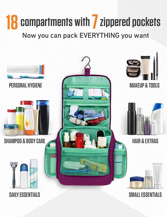 VENTURE 4TH Hanging Travel Toiletry Bag, 18 Compartments - Purple/Mint | Hangs on rails, hooks or doors; stands upright. Removable TSA pouch. Water-resistant Nylon 290D Twill, reinforced stitching. - Image 3