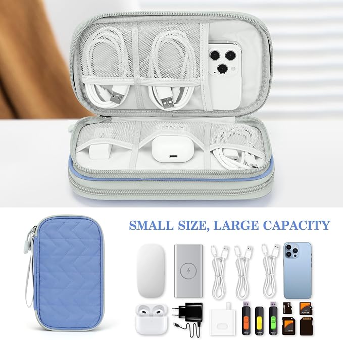 FYY Electronic Organizer, Travel Tech Pouch Bag, Medium, Blue Quilted | Wrist Strap, Waterproof, Double Layers Portable Electronics Travel Carrying Case for Cord, Charger, Daily Business Trips Use - Image 6