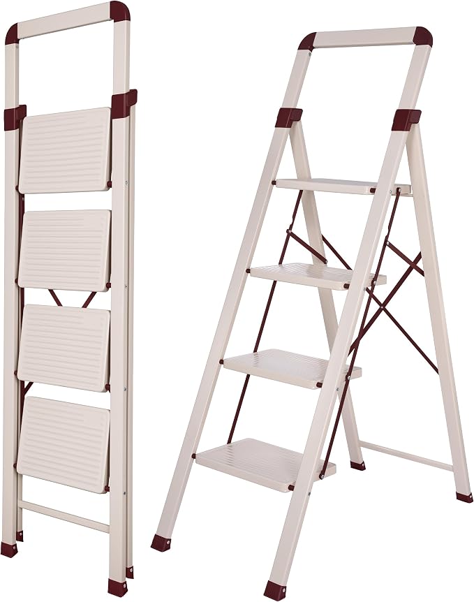 Step Ladder 4-Step White Finish Folding Ladders | Anti-slip Sturdy Foldable Ladder Step Stool for Kitchen Home Office Libaray by BIBKOKE