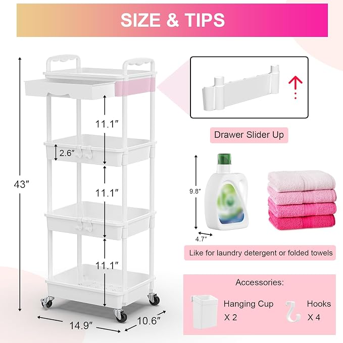 Goovilla 4 Tier Rolling Utility Cart Organizer with Removable Drawer, White | Stable and Sturdy Rolling Storage Carts with 2 Lockable Wheels for Bathroom, Kitchen, Snack, Craft, Makeup, Baby Essentials - Image 4