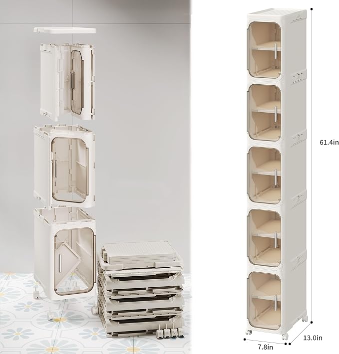 5-Tier Narrow Storage Cabinet Slim Bathroom Tall Skinny Organizer，Beige | Foldable Storage Cabinet with Lockable Rolling Wheels Magnetic Clear Door Adjustable Detachable Shelves For Narrow Space - Image 2