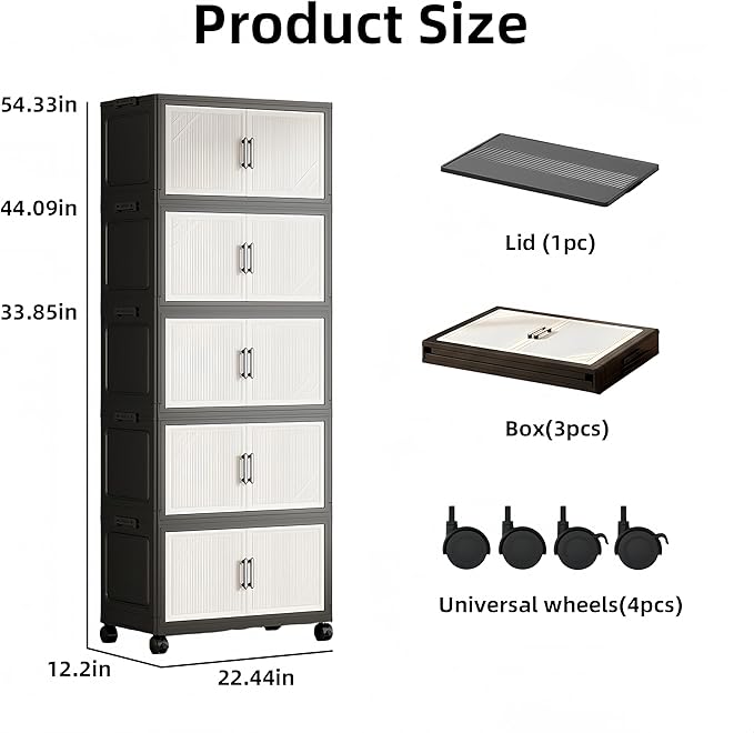 5 Tier Foldable Storage Cabinet with Top Lid, Tall Mobile PP Storage Organizer with Magnetic Doors and Wheels, Space-Saving Collapsible Organizer for Bedroom Living Room Kitchen Pantry Bathroom - Image 2