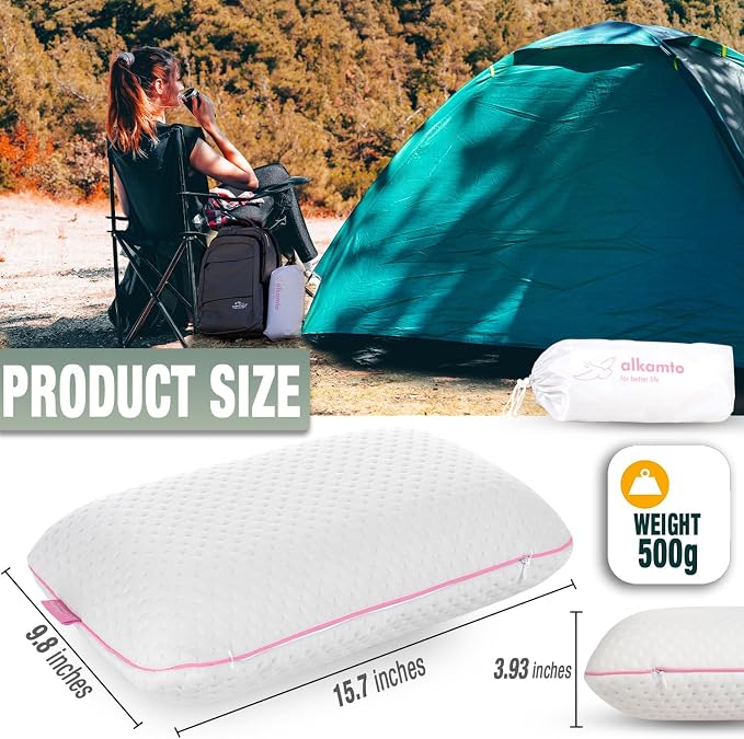 alkamto Travel & Camping Comfortable Memory Foam Pillow – Easy to Carry Portable Bag – Temperature Regulating Pillow Case (Pink + Extra Cover) - Image 2