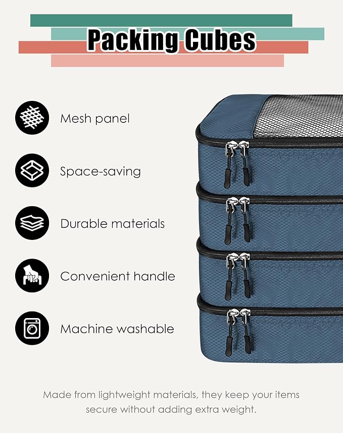 WTREE 4-Piece Packing Cubes Travel Accessories Set for Suitcases - Luggage Organizer Bags with Double Zipper - Mesh Top - Medium - Dark Blue - Image 2