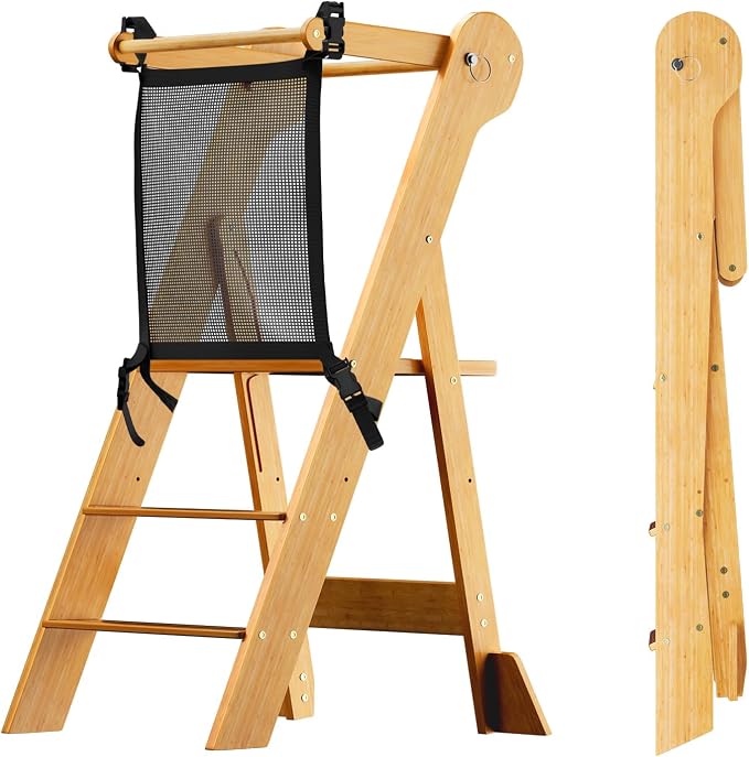 COSYLAND Foldable Toddler Kitchen Stool Helper - Standing Stool Tower | Folding 2-level Height Stand Tower, kids 18M-6Y, 70% pre-assembled anti-tip & non-slip bathroom Sink or Kitchen Counter by COSYLAND