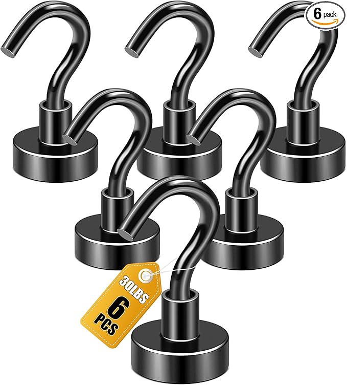 DIYMAG Magnetic Hooks 6pcs 30lbs+ Cruise Essentials 2026 Magnet Hook Black | Neodymium Heavy Duty Strong Magnets Hanging Ship Cabins Refrigerator Fridge Classroom Beach Vacation Kitchen Grills Home Tool by DIYMAG