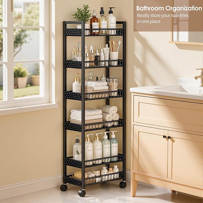 6 Tier Slim Storage Cart, Narrow Rolling Cart with Wheels, 6in(W) | Narrow Mobile Utility Shelf Unit Organizer for Kitchen, Bathroom, Laundry Room, Living Room, Small Places, Black - Image 9