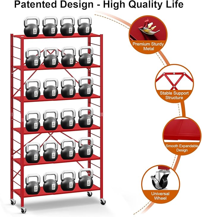 Himix 6-Tier Expandable Storage Shelves Wheels Foldable Shelf Garage Red | Folding shelving units, Metal collapsible organization, Changeable into 2 shelf units, Adjustable, Basement, Holds 3600 Ibs - Image 6