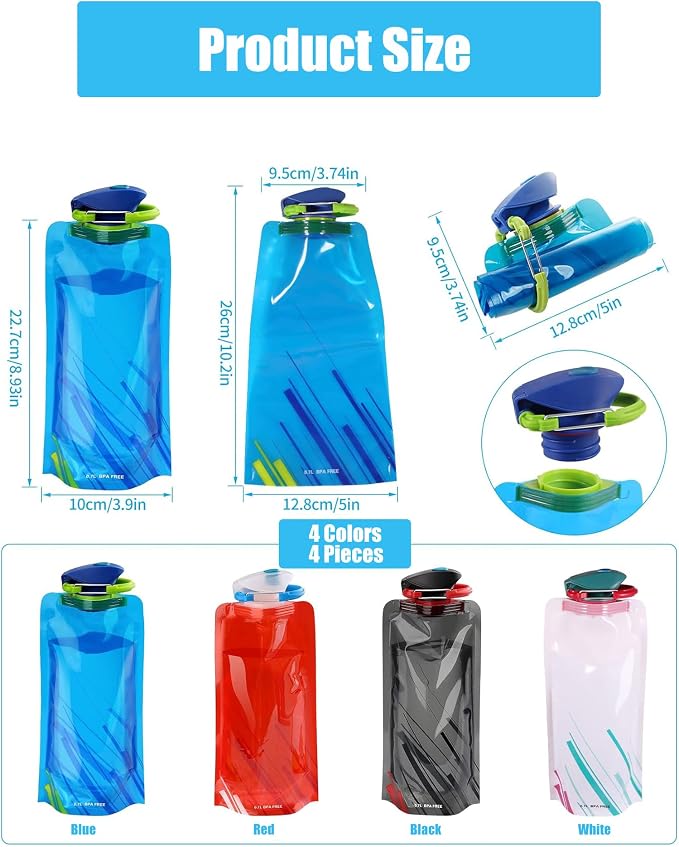 4 Pack Collapsible Water Bottle with Carabiner, 23oz Foldable Reusable BPA-Free Water Bottles with Leakproof Lid for Traveling Hiking Camping Biking - Image 5