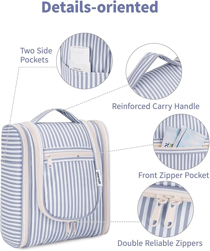 Narwey Small Striped Hanging Travel Toiletry Bag for Women, Travel Bag for Toiletries, Makeup Bag Organizer Cosmetic Bags Make Up Bags for Women (Greyish Blue Stripe) - Image 6