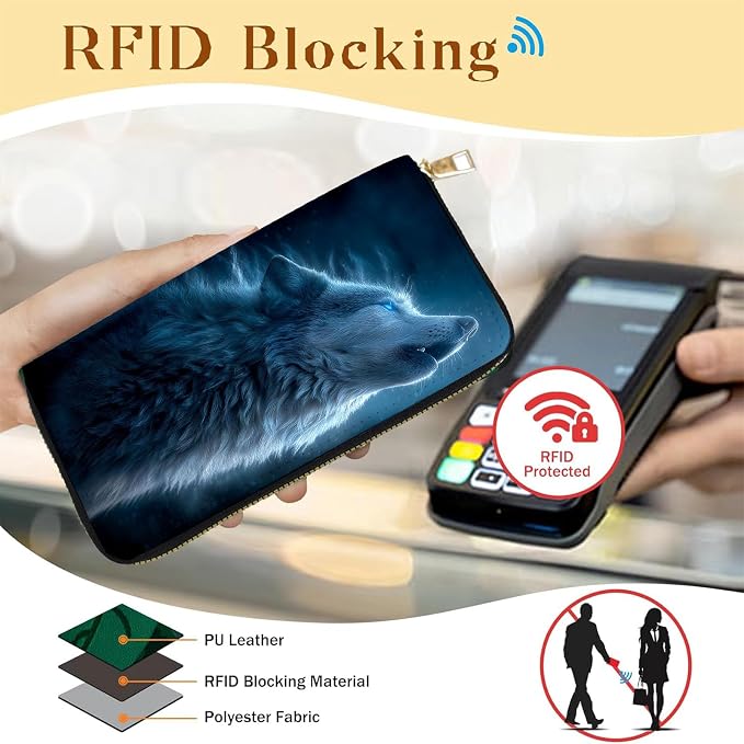 Women's RFID Blocking PU Leather Zip-Around Wallet, Large Capacity Clutch with Phone Holder, Travel Purse & Card Organizer with Removable Wristlet,Wolf - Image 2