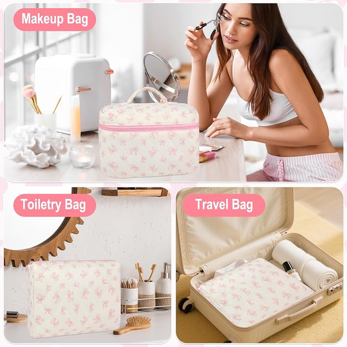 URSKYTOUS 3Pcs Makeup Bag Quilted Cotton Cosmetic Bags for Women Large Small Pink Bow Makeup Pouch Set Cute Coquette Floral Travel Bags Portable Skincare Toiletry Bag Vintage Puffy Essential Organizer - Image 4