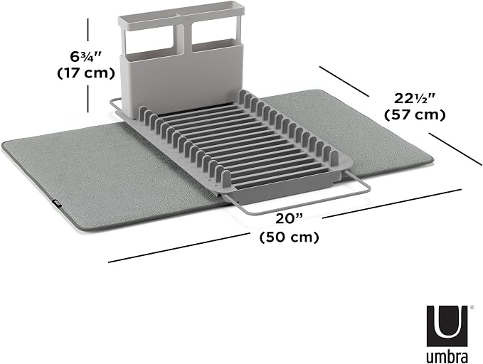 Umbra Udry Dish Drying Rack, Over Sink Foldable, 16 Slots, Dark Grey | Absorbent microfiber mat, arms extend 13 to 22 inches, utensil caddy included, machine washable - Image 3