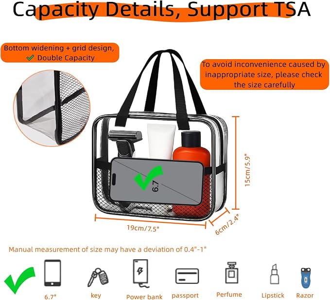XEWEA 2PCS Small TSA Approved Clear Travel Toiletry Bags for Men Women, | Transparent Makeup Cosmetic Bag with Handle, Waterproof PVC Quart Organizer for Toiletries Airline Essential, Balck - Image 2