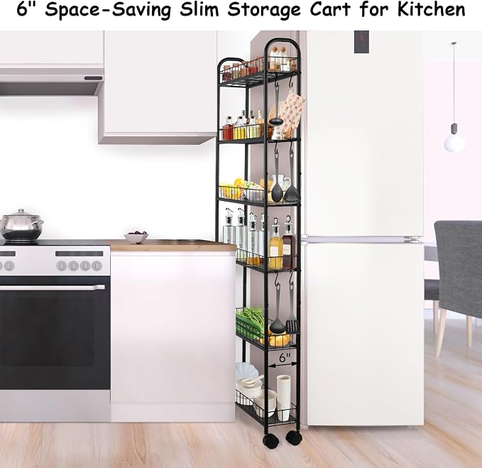 6-Tier Slim Rolling Storage Cart with Wheels, Tall Narrow Storage Shelves for Small Spaces, Metal Utility Cart Mobile Shelving Unit on Wheels for Kitchen, Bathroom, Office - Image 2