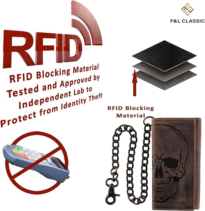 F&L CLASSIC RFID Blocking Mens Tri-fold Long Style Cowhide Leather Steel Chain Wallet,brown distress with skull,212-70 - Image 7
