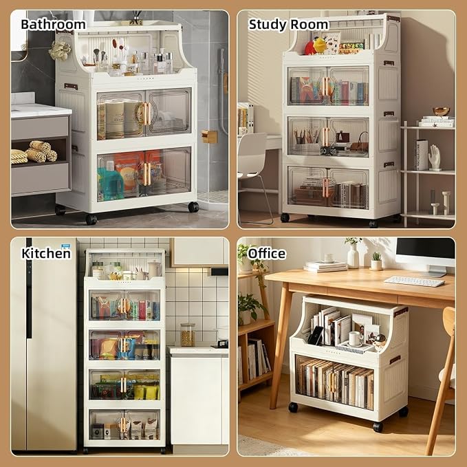174QT Stackable Storage Bins with Lids & Rack, 4 Tier Large Capacity Foldable Storage Cabinet, Clear Collapsible Pantry Organizer for Home, Kitchen, Bathroom, Dorm, Office - Image 6