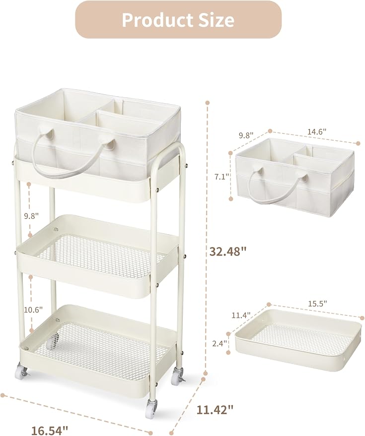 Baby Diaper Caddy, 3 Tier Rolling Cart for Baby Essentials, Beige | Diaper Cart with Detachable Dividers, Nursery Storage & Bottle Organizer, Bedside Caddy for Bedroom and Living Room - Image 7