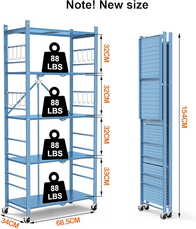 Himix 5-Tier Foldable Storage Shelves with 20 Hooks Wheels Garage Blue | Folding Standing Shelving, Metal collapsible organization, Wire shelf, No assembly, Home, Kitchen, Greenhouse, Holds 440 Ibs - Image 3