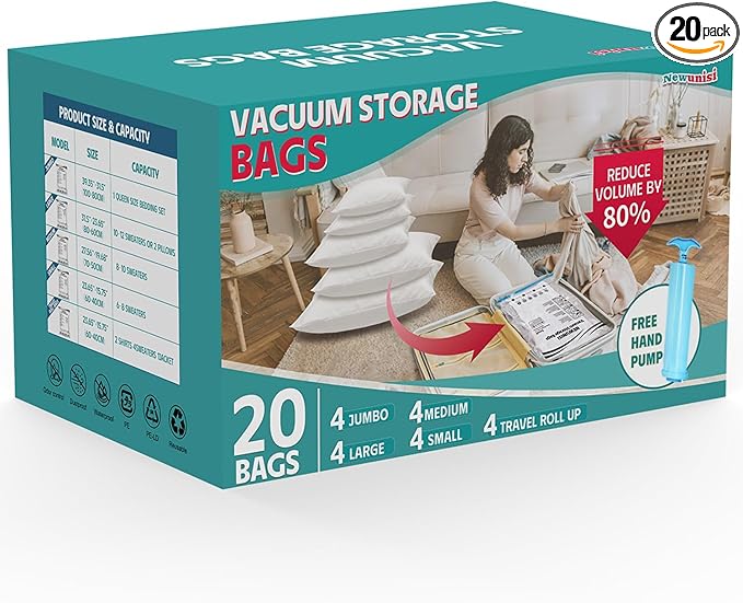 Vacuum Storage Bags, 80% Space Saver Bags for Clothing, Travel, Blankets, Comforters—Compression Bags with Hand Pump, 20 Combo by NEWUNISI