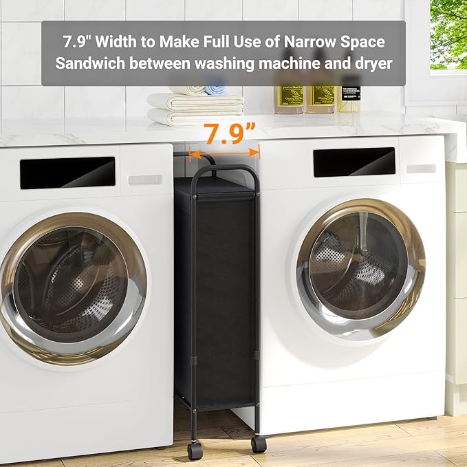 ELYKEN Slim Laundry Hamper with Lid & Wheels, 50L Rolling Laundry Basket | 7.9" Narrow Design, 50L, Removable Liner Bag, Lockable Wheels, Space Saving Clothes Hamper for Bathroom, Bedroom, Closet - Image 2