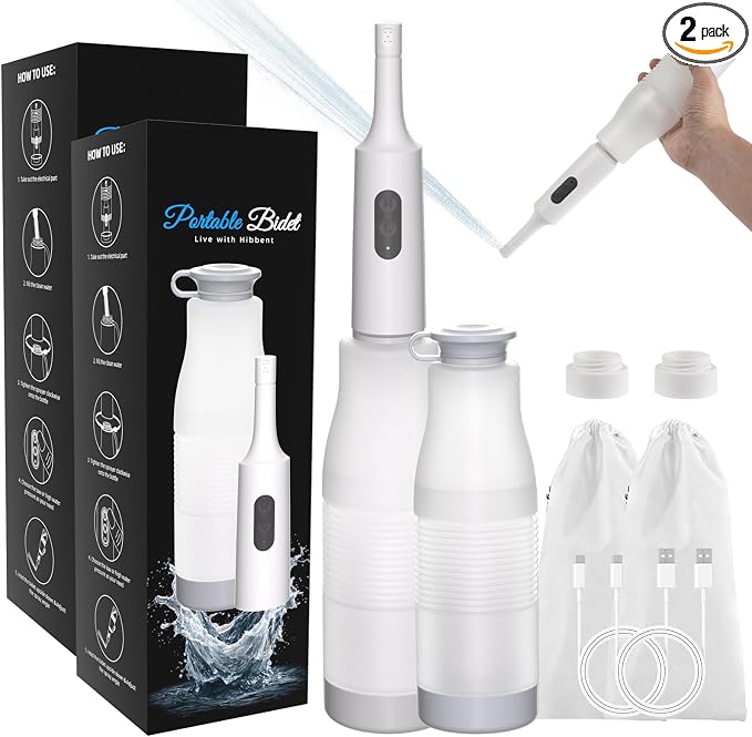 Hibbent 2 Pack Portable Bidet for Travel, High Pressure Electric Handheld Bidet Sprayer, 350-550ML Expandable Bottle for Personal Hygiene, USB-C Rechargeable Waterproof Sprayer for Women & Men, White by Hibbent