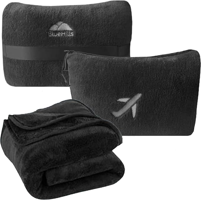 BlueHills Premium Soft Plush Mini Travel Blanket Pillow Flight Throw Black | Packable Case, Airplane Blanket, Portable Compact with Luggage Belt and Carabiner, Long Flight Carry-on Comfort, Lightweight by BlueHills