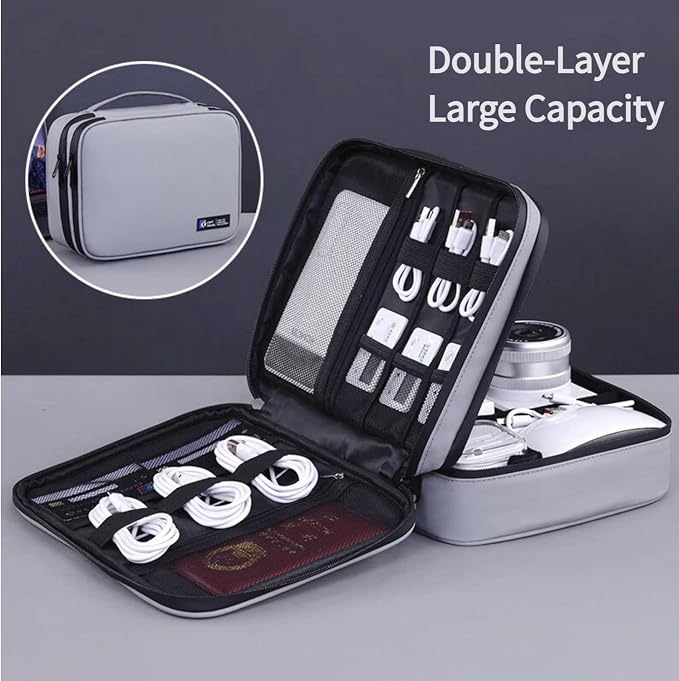 Electronics Organizer Travel Case,Cord Organizer Travel, Double-Layer Cable Organizer Bag, Tech Pouch Accessories Carry Storage For Phone, Cables, Airpods, USB, Sd Card, Essentials (Grey) - Image 2