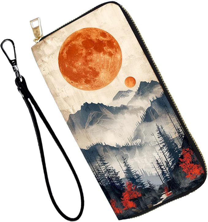 Women's RFID Blocking PU Leather Zip-Around Wallet, Large Capacity Clutch with Phone Holder, Travel Purse & Card Organizer with Removable Wristlet,Mountains Sunset Aesthetic by Unknown