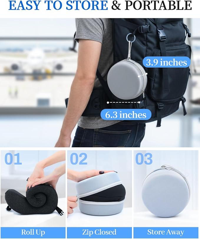 Travel Pillow for Long Flight Airplanes, Head Strap with Soft Eye Mask for Sleep, Memory Foam Travel Neck Pillow for Car Trip Essential, 360° Headrest Support to Stop Head Bobbing, EVA Case, Grey - Image 6