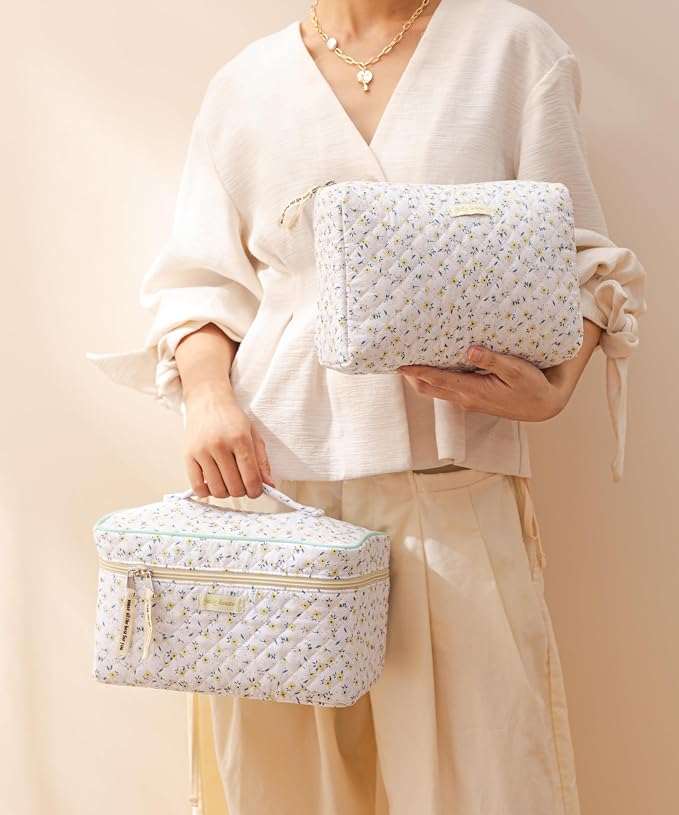 HBselect Quilted Makeup Bag, 3Pcs Cotton Large Travel Makeup Bags Organizer | Cute Floral Make up Bag Cosmetic Bag Toiletry Bag for Women Girls, Makeup Pouch for Skincare, Brushes & Travel Essentials - Image 7