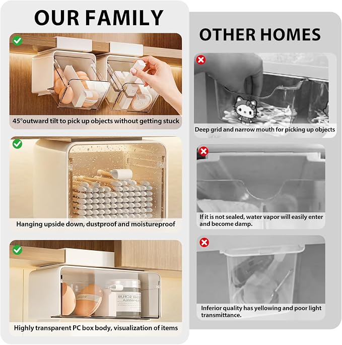 2 Pack Hanging Under Shelf Storage Container, No Drill Adhesive Pull Out Drawer Organizer, Moisture Proof Clear Makeup Organizer for Tables, Home & Office, Counters, Workstation - Image 4