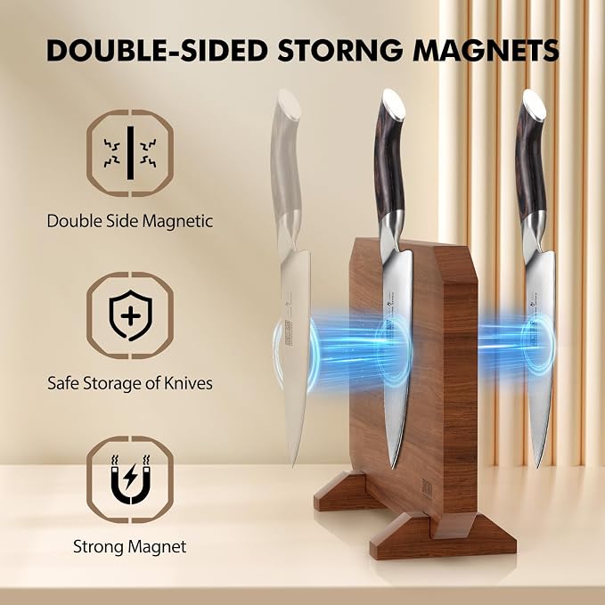 HOSHANHO Magnetic Knife Block, Thickened Acacia Wood Kitchen Knife Holder | Kitchen Knife Stand with Strong Magnets, Multifunctional Double Side Knife Storage Organizer for Kitchen Counter, Ideal Gifts - Image 2