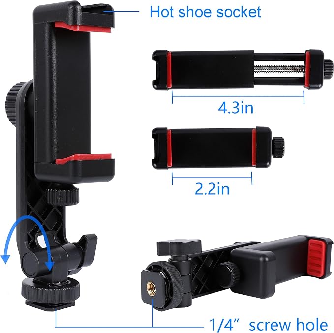 Phone Tripod Mount Adapter, with Cold Shoe&1/4" Hole for Tripod/Selfie Stick/Camera Stand, 360° Rotates Adjustable Phone Clip Clamp Holder for iPhone/Samsung/All - Image 3
