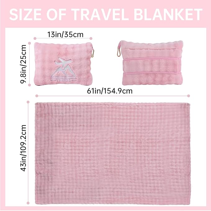 Travel Blanket and Pillow-2-in-1, Ultra-Soft&Compact, Airplane Blanket with Hand Luggage Belt and Backpack Clip,Travelers Accessories Gifts, 61x43 Inches(Pink - Image 2